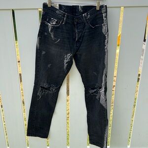 Abercrombie and Fitch Men’s distressed washed black skinny jeans with knee rips